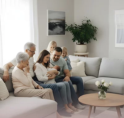 Familie mit Großeltern sitzen auf einer Wohnzimmercouch und betrachten ein Neugeborenes 